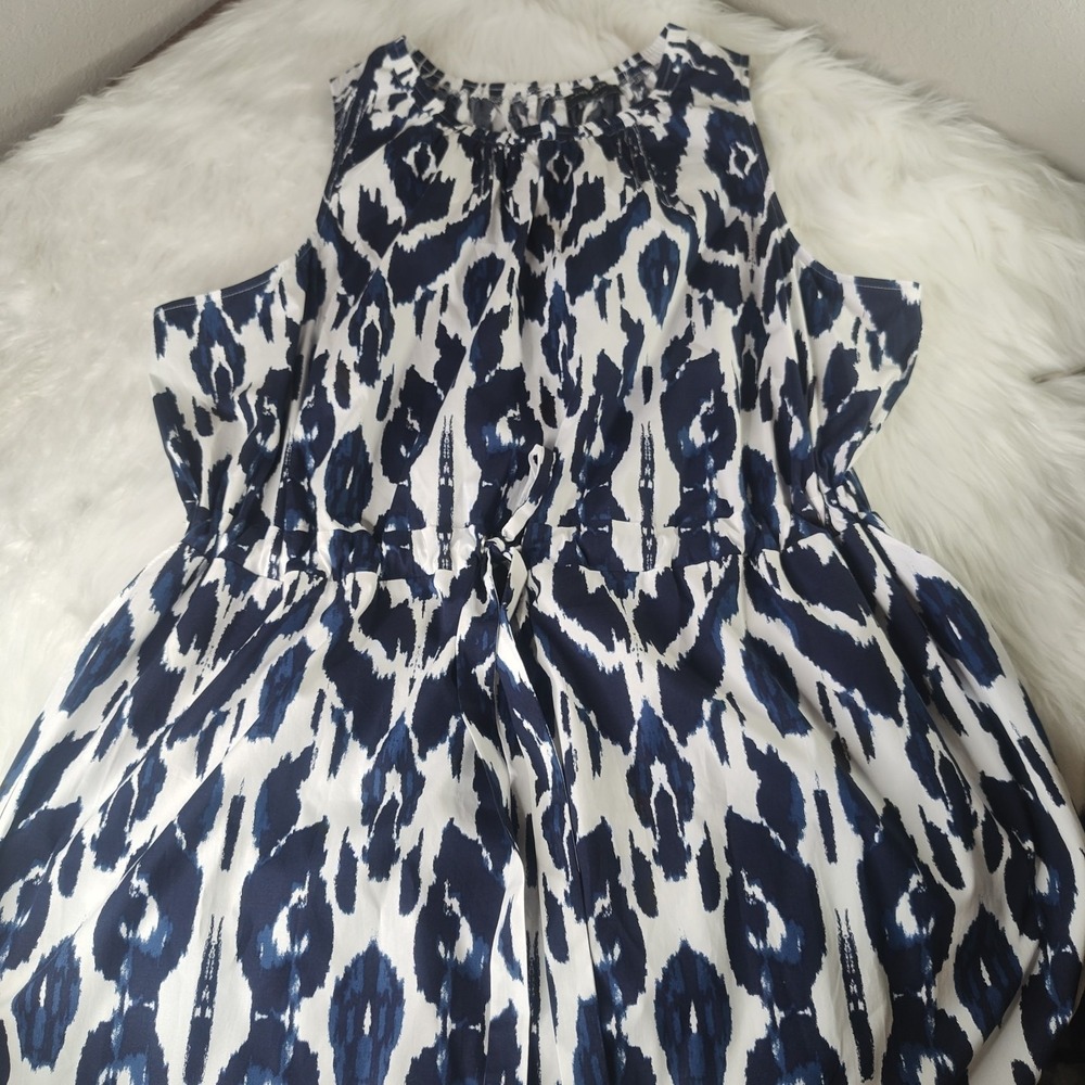 Lane Bryant Mid Dress Women 24 Blue White Ikat Print Sleeveless Drawstring Waist